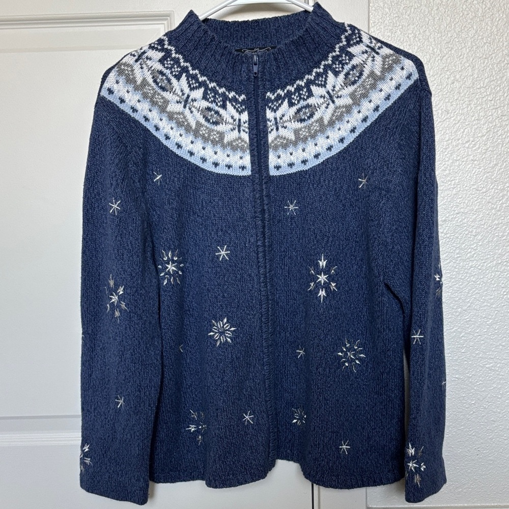 Vintage Women's Funnel neck Blue Snowflake Cardigan Size M Ramie/Cotton blend - Picture 3 of 11